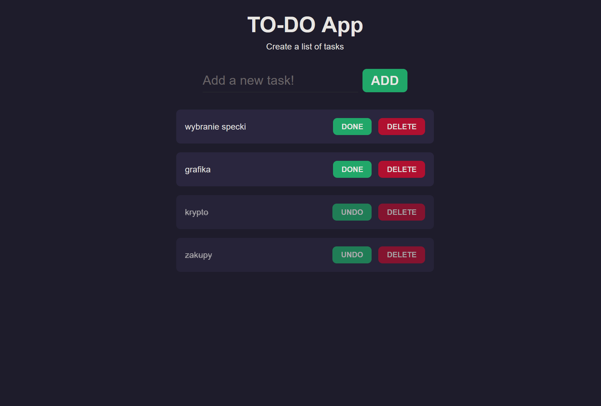 Podgląd projektu TODO Web App